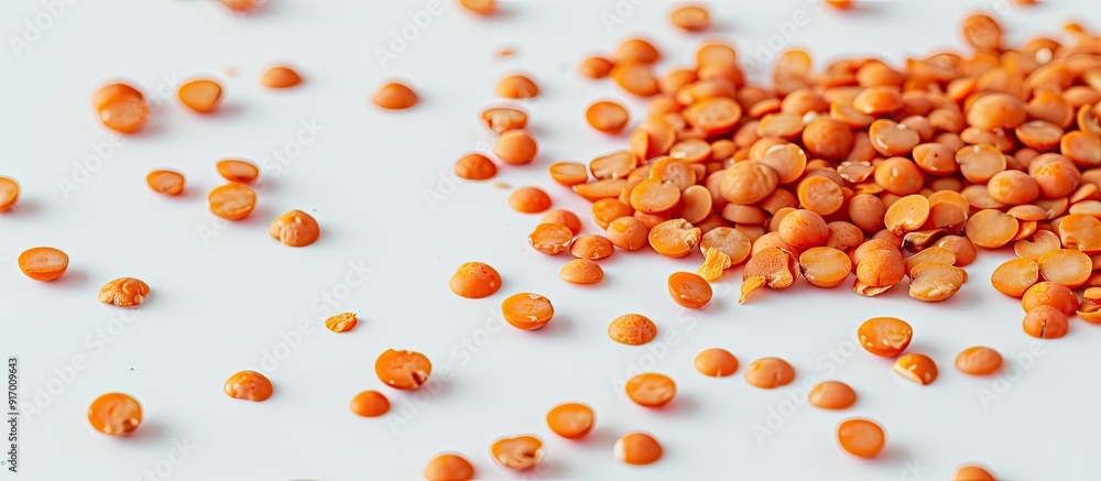 Poster Red lentils arranged attractively on a clean white surface ideal for a copy space image