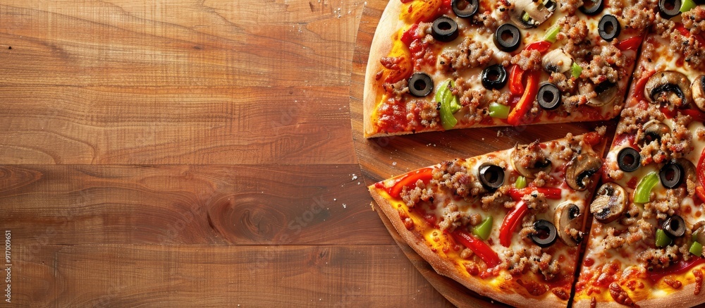 Poster a detailed image showing a pizza slice topped with sausage mushrooms olives and assorted toppings pl