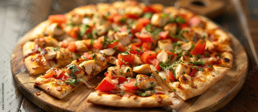 Poster a close up copy space image featuring a sliced pizza topped with chicken and tomatoes displayed on a
