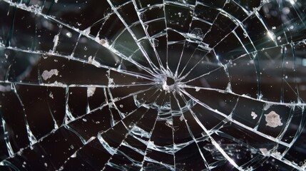 Obraz premium A broken windowpane with a spiderweb pattern of cracks spreading from a central point of impact. Small shards and glass dust add to the sense of realism, emphasizing the force that caused the break. 