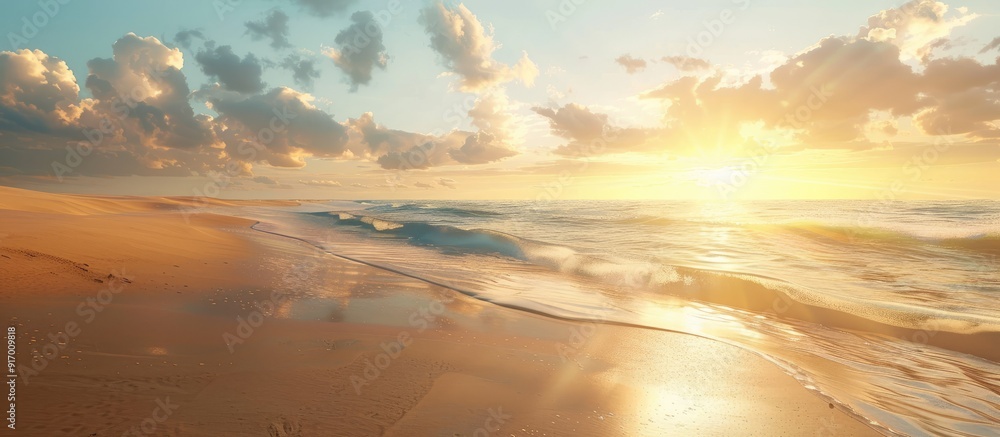 Poster Sandy beach foreground with sun rays shining over the sea in the distance creating a serene copy space image