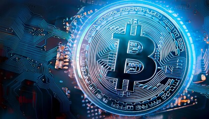 Cyberpunk bitcoin digital currency, futuristic digital money, technology worldwide network concept. btc Cryptocurrency coin symbol in storm illustration peer virtual network background digital effect.