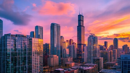 Fototapeta premium An image of a skyline with tall buildings and a colorful sunset sky, capturing the blend of architectural forms and natural beauty.
