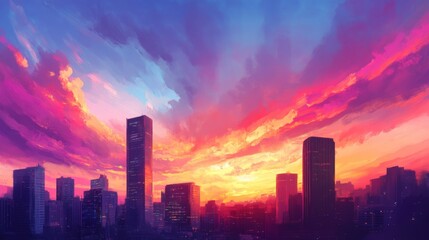 Fototapeta premium An image of a skyline with tall buildings and a colorful sunset sky, capturing the blend of architectural forms and natural beauty.