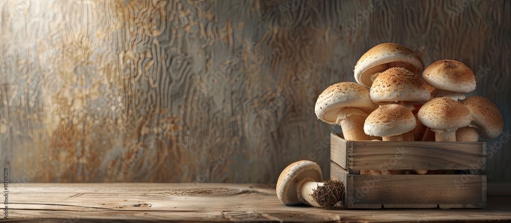 Poster Mushrooms on the table in a container with copy space image