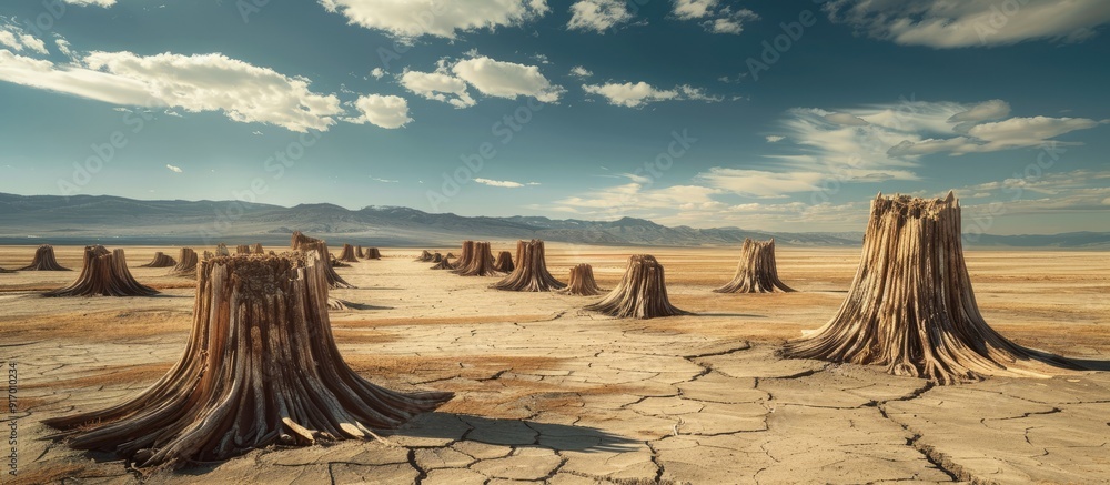 Poster during the dry season lifeless tree stumps fill the barren landscape creating a striking image with 