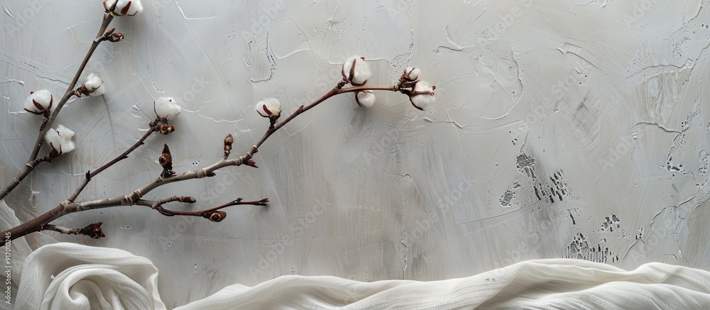 Aufkleber top view of a branch on a concrete background with a cotton fabric next to it offering copy space im