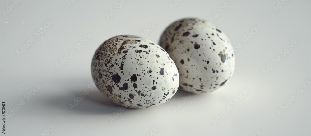 Poster close up of two quail eggs on a white background with copy space image