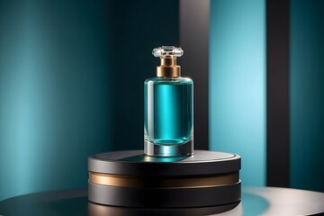 Naklejka premium Blue perfume bottle on a black podium with a gold band, against a teal and black backdrop.
