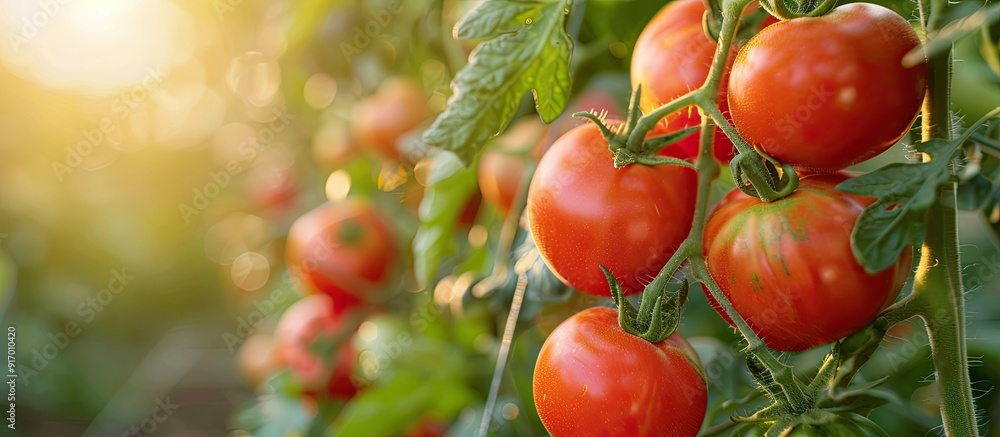 Poster vibrant red tomatoes cultivated in a greenhouse close up photo of tomatoes with space for text focus