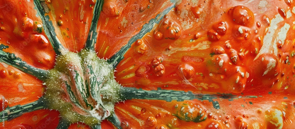 Poster close up macro image of a pumpkin showcasing its textured orange surface with hints of green white a