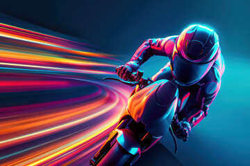 Futuristic motorcycle rider in protective suit speeding through a tunnel of colorful lights.