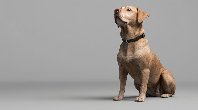 A golden labrador retriever sits on a gray background, looking to the left.  The dog is wearing a black collar.