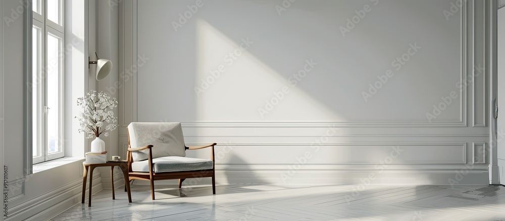 Wall mural Sleek Nordic living room with minimalist Scandinavian design featuring a clean white backdrop for a serene ambiance perfect for a copy space image