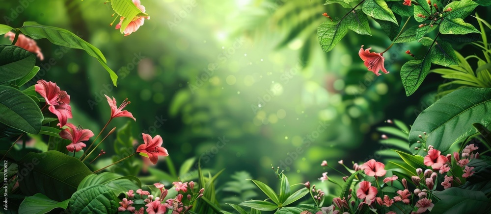 Poster spring blossoms with vibrant flowers in front of a lush green backdrop in the copy space image