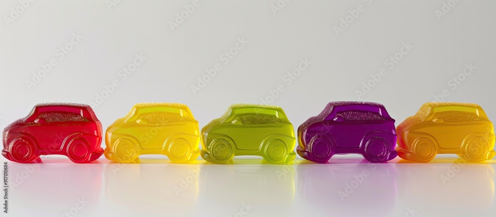 Poster a row of five car shaped gummy candies in vibrant colors displayed on a white surface with ample cop