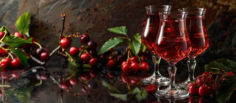 Poster close up of cherry liqueur in glasses with berries on a black table perfect for adding text with a c