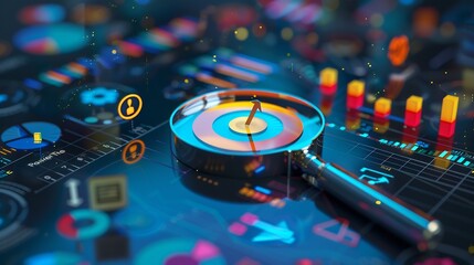 Magnifying Glass Over a Target Symbol on a Digital Dashboard