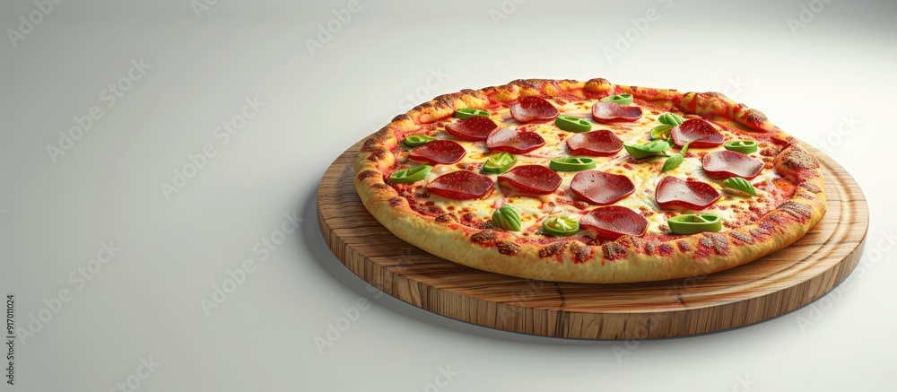 Poster a tasty pizza with pepperoni and green peppers rests on a wooden platter perfect for indulging with 