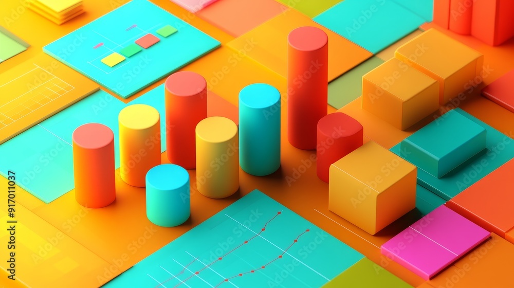 Poster abstract colorful geometric shapes and patterns on an orange background.