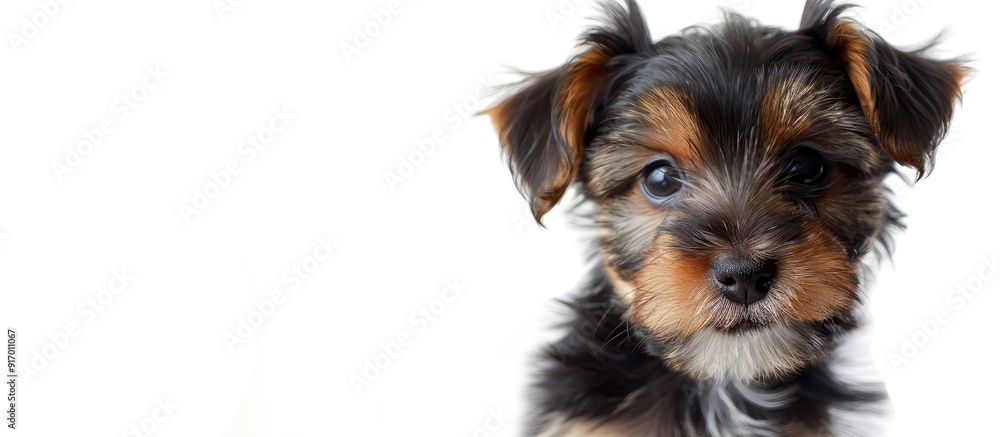 Poster Isolated on a white background there is a Yorkshire terrier puppy with copy space image