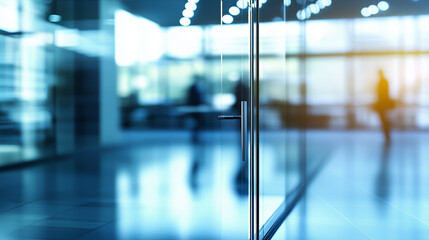 Modern office interior with blurred glass door and soft bokeh lights, creating a sleek and professional business environment. The scene captures the contemporary design and atmosphere, emphasizing the