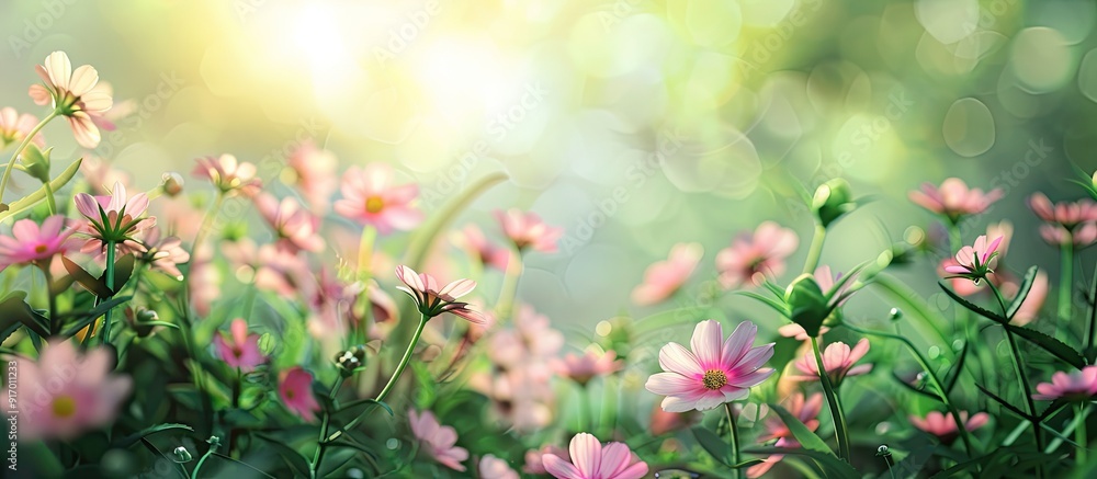 Poster charming small flowers in the garden during summer with a backdrop of copy space image