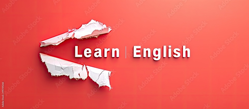 Poster white torn paper with learn english message on a red backdrop symbolizing language learning ample co