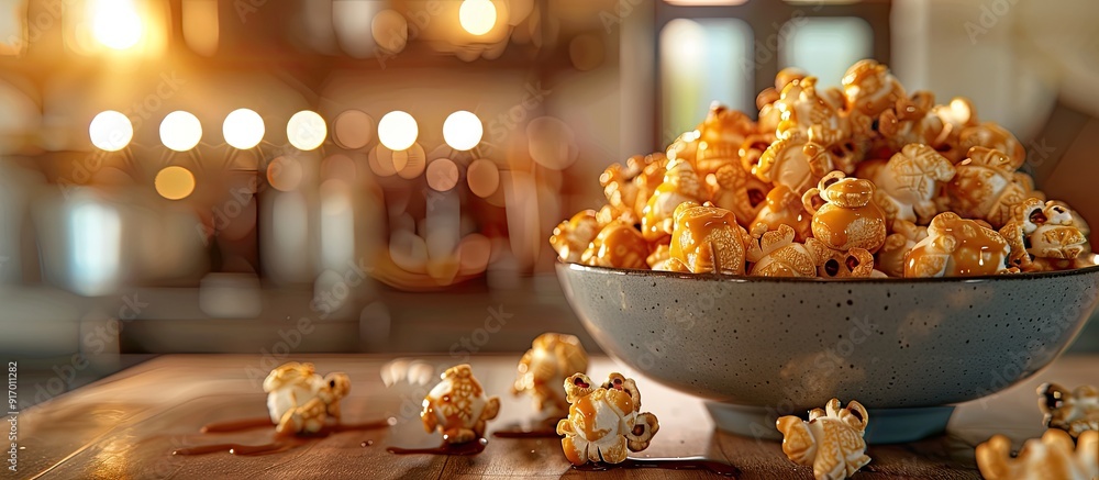 Poster caramel popcorn in a bowl on a wooden surface topped with caramel sauce highlighting details in a cl