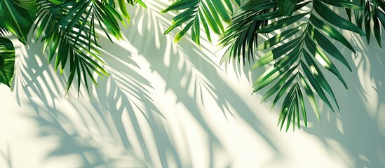 Fresh tropical palm leaves in vibrant green hues under bright sunlight set against a pristine white backdrop create a natural touch indoors with ample copy space image