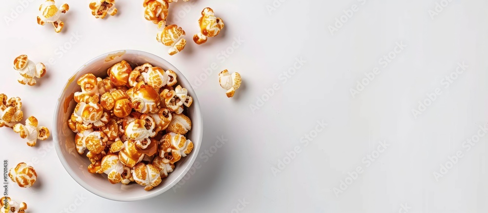 Poster close up image of salted caramel popcorn with caramel sauce topping on white background text can be 