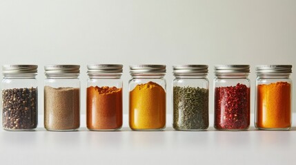 An image of colorful ground spices in jars with labels, displayed neatly on a white surface for a clean and organized look.