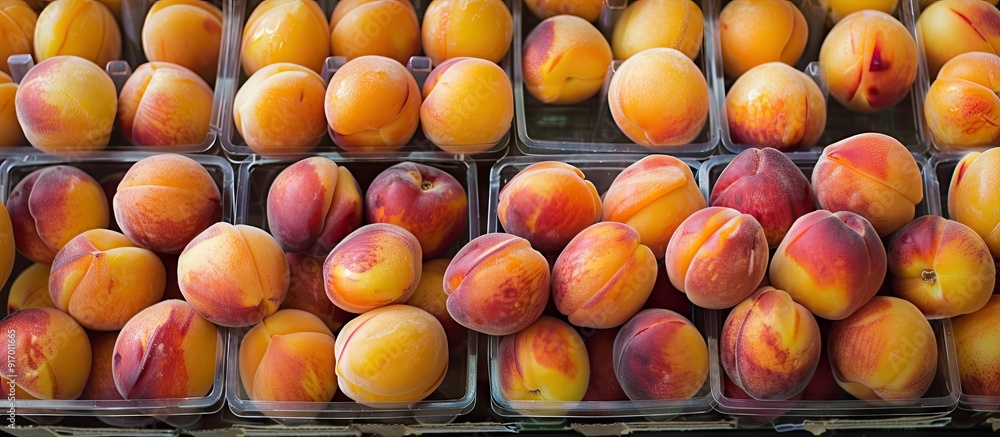 Poster apricots arranged neatly in clear boxes at the farmer s market with copy space image