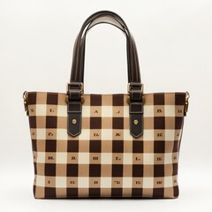 A stylish checkered handbag with brown and beige colors, designed for everyday use.