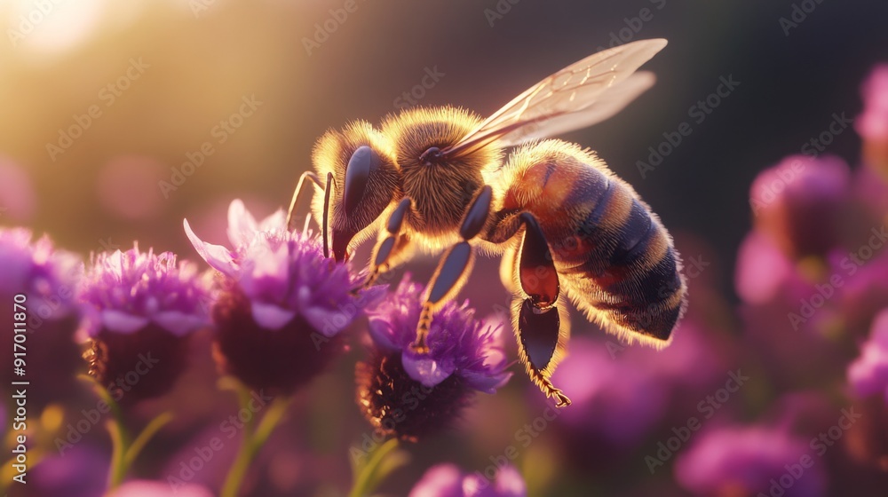 Poster an intimate shot of a honeybee collecting nectar from a flower, with fine details of its wings and f