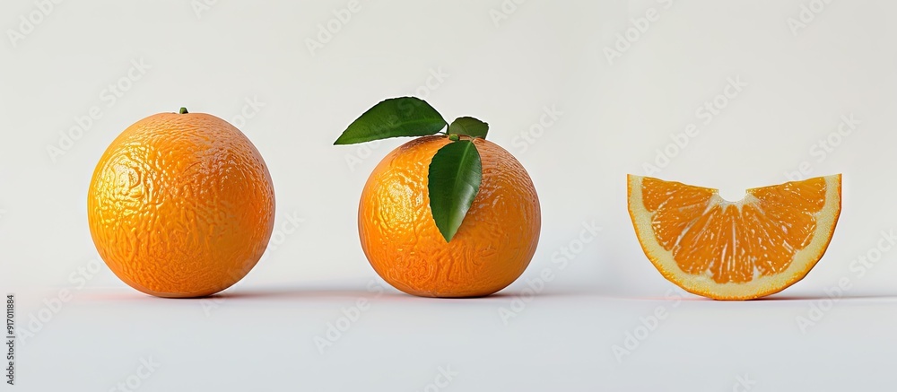Aufkleber Isolated orange fruit with leaves and half on a white background with a full depth of field and clipping path for the copy space image