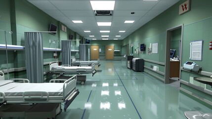 Fototapeta premium Empty Hospital Corridor with Hospital Beds