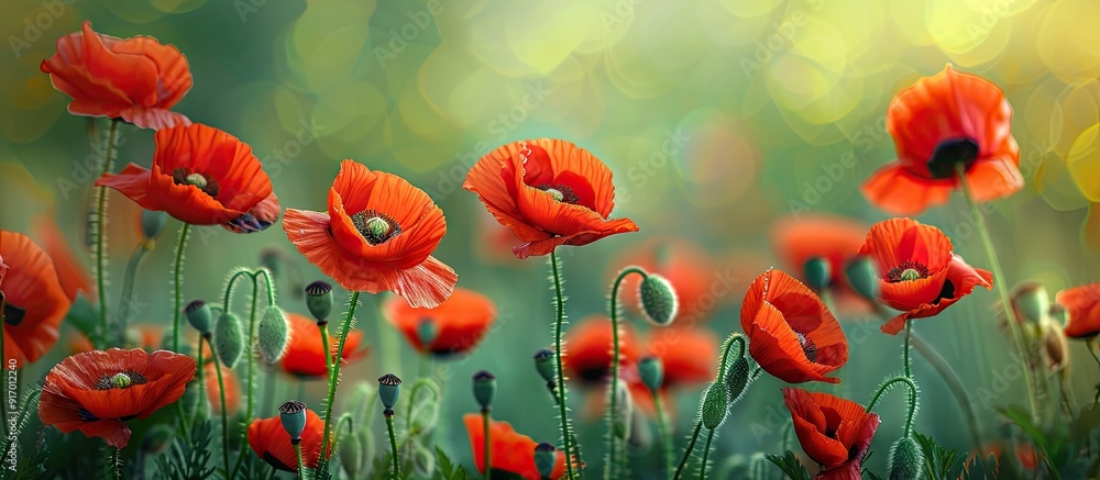 Poster vibrant red poppies blooming in a lush green field creating a picturesque scene with copy space imag