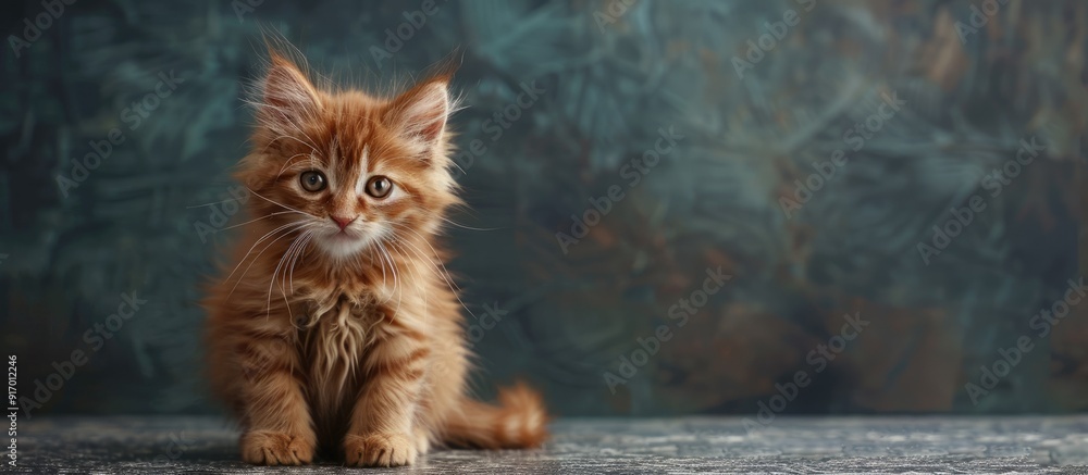 Poster a cute maine coon kitten with fluffy red fur posing in a copy space image