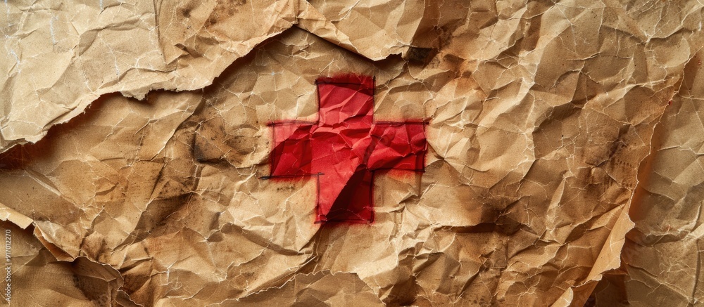 Aufkleber conceptual emergency plan symbol displayed on torn paper against a brown background with copy space 
