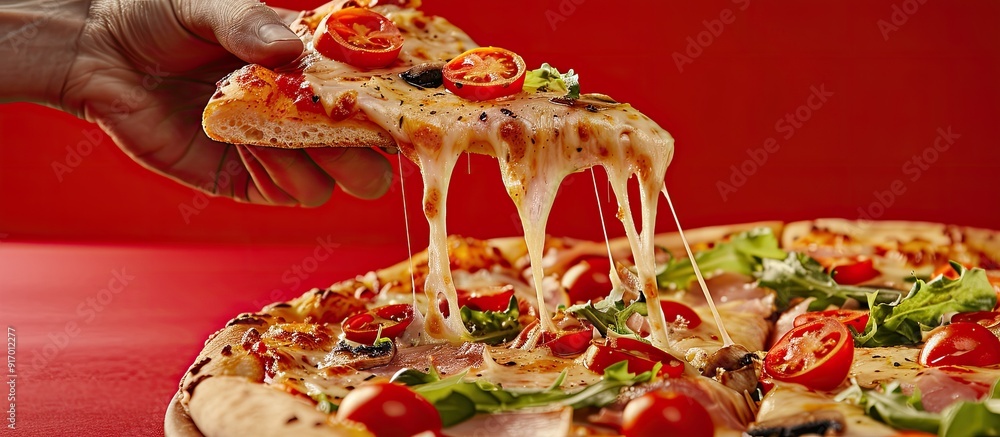Poster individual displaying a slice of pizza topped with cheese tomatoes and a sauce drizzle over a salad 