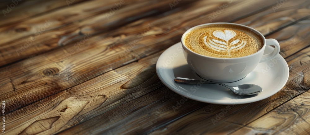 Poster coffee cup with latte art and a spoon ready to enjoy at a cafe on a wooden table with space for addi