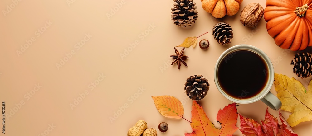 Canvas Prints Minimal autumn themed flat lay with a cup of coffee vibrant leaves pumpkins pinecones and nuts on a pastel beige background showcasing copy space image