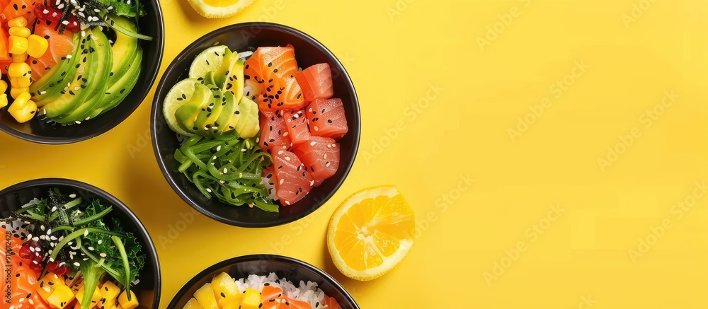 Poster fresh poke bowls shown from above on a yellow background with space for text or graphics. copy space