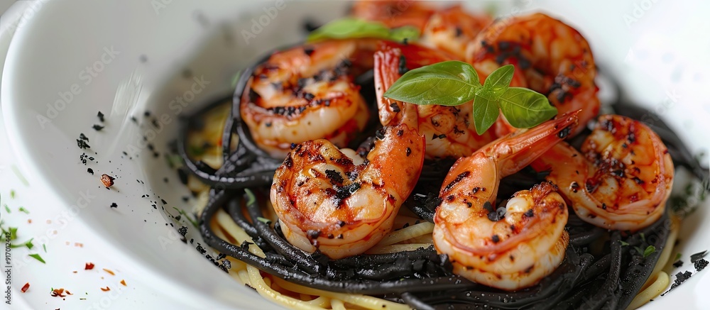 Poster Shrimp with black ink sauce served over spaghetti creating a visually appealing dish with a copy space image
