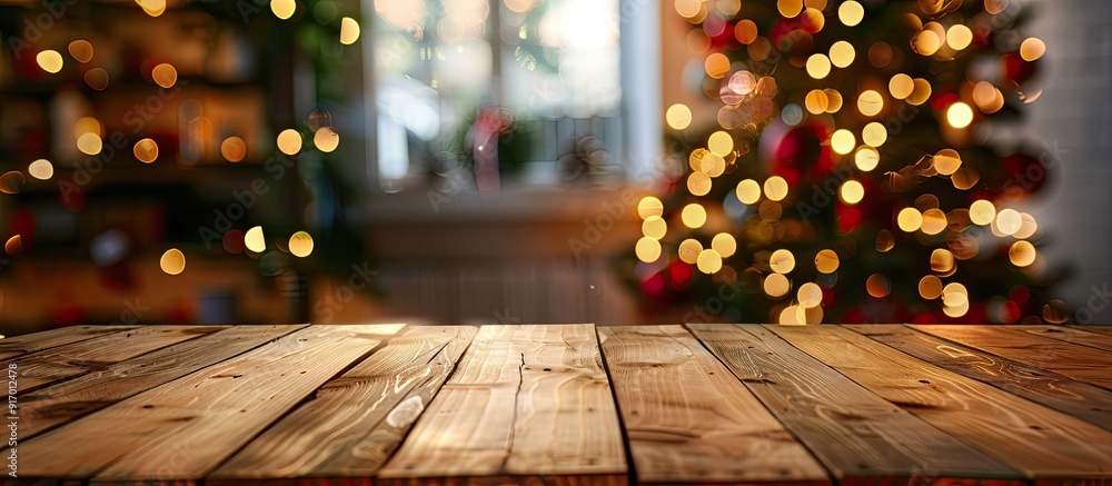Poster wooden table in front of a blurred holiday backdrop with room for text or images copy space image