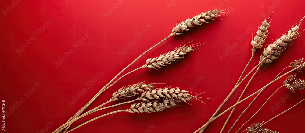 Poster minimalistic agriculture concept with wheat ears and a blank mockup on a glitzy red backdrop offerin