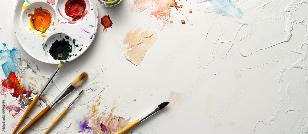 Aufkleber a flat lay composition displaying a watercolor palette and paintbrush on a white backdrop ideal for 