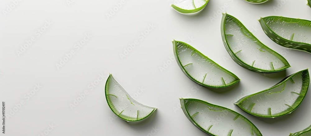 Poster aloe vera leaf slices on a white surface with copy space image in a flat lay style conveying a medic
