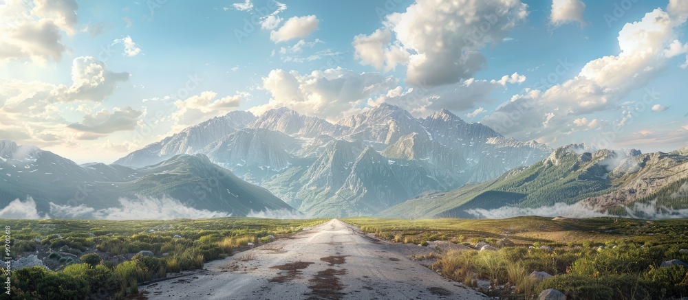 Poster mountainous landscape with an asphalt road leading through set against a scenic sky backdrop perfect